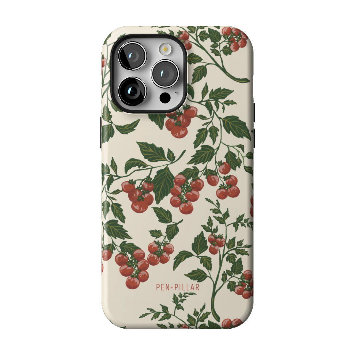 Tomato Vines case on iPhone 14 Pro Max, back view: red tomatoes on leafy green vines over cream