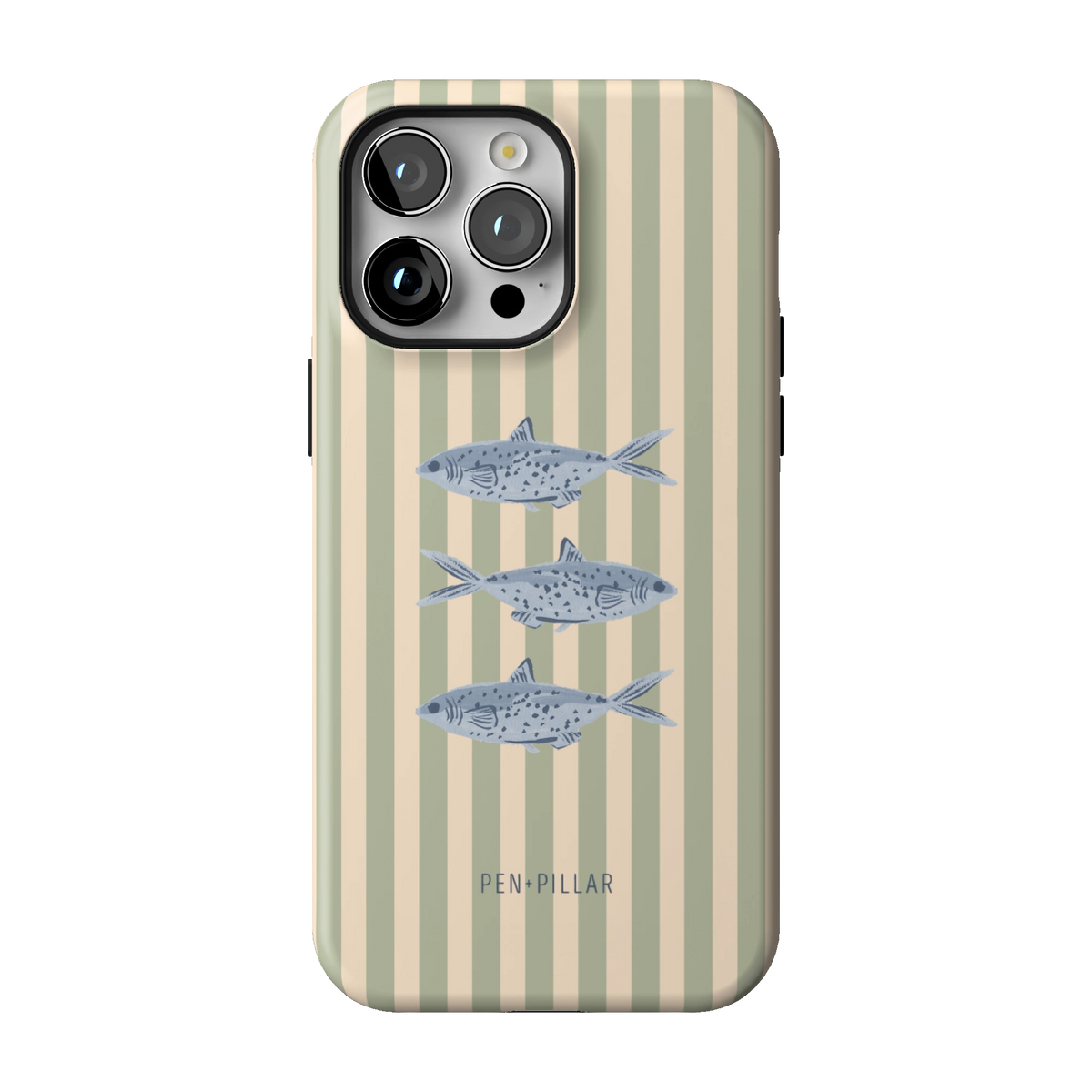 Sea Stripes case on iPhone 14 Pro Max, back view: blue fish on sage and cream stripes