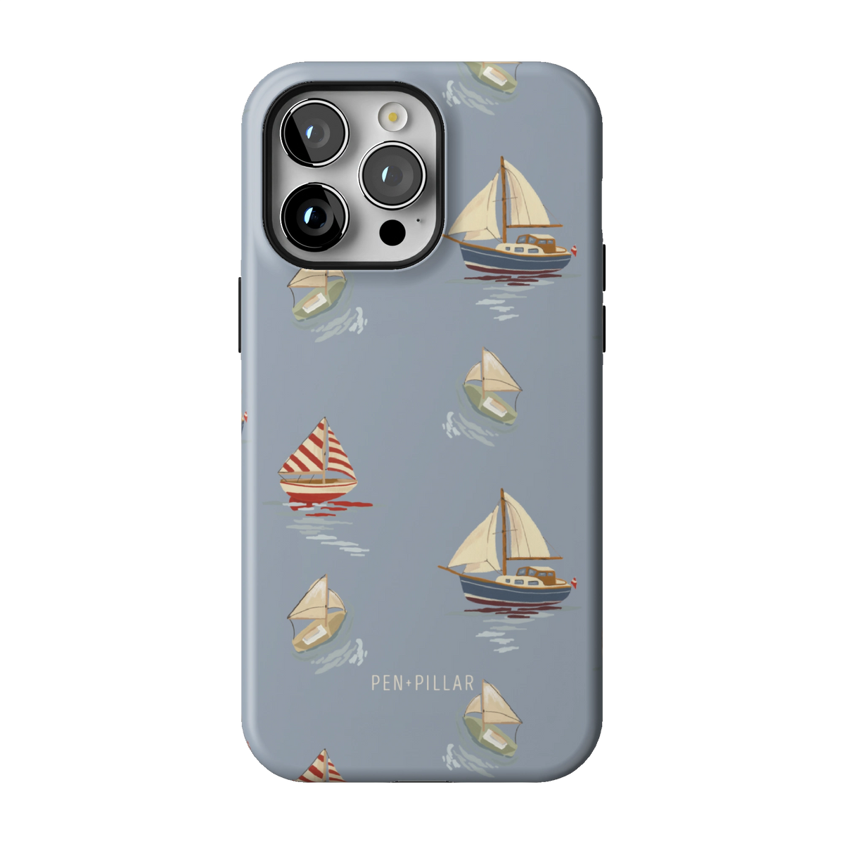 Harbor case on iPhone 14 Pro Max, back view: sailboats and paper boats on dusty blue