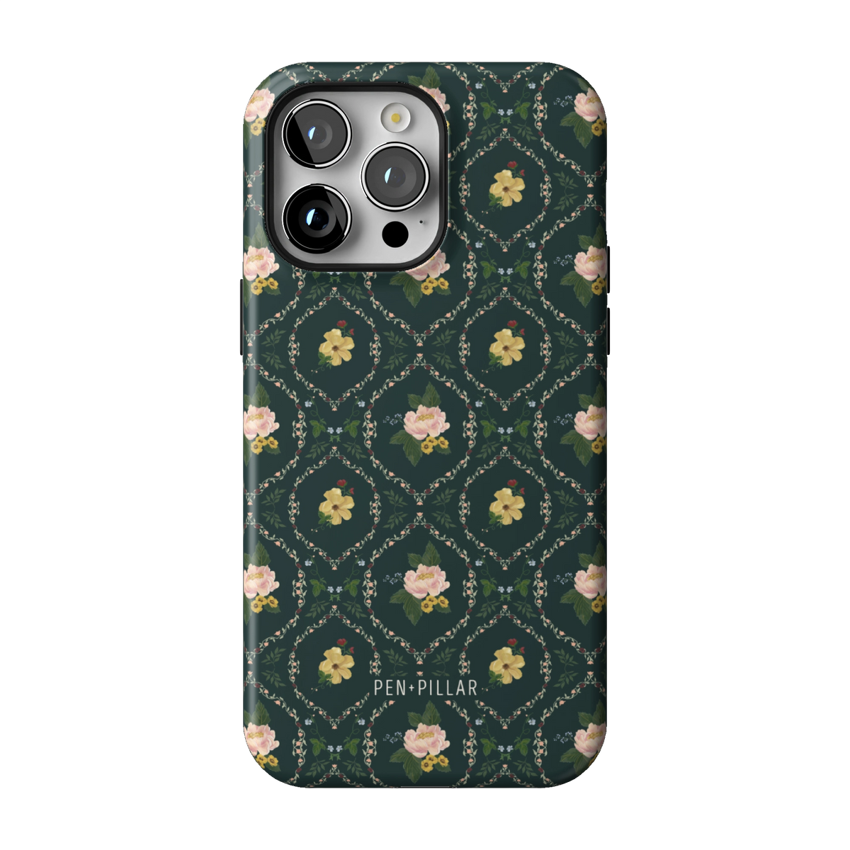 Meadow case on iPhone 14 Pro Max, back view: small yellow and pink flowers in a diamond trellis on deep green
