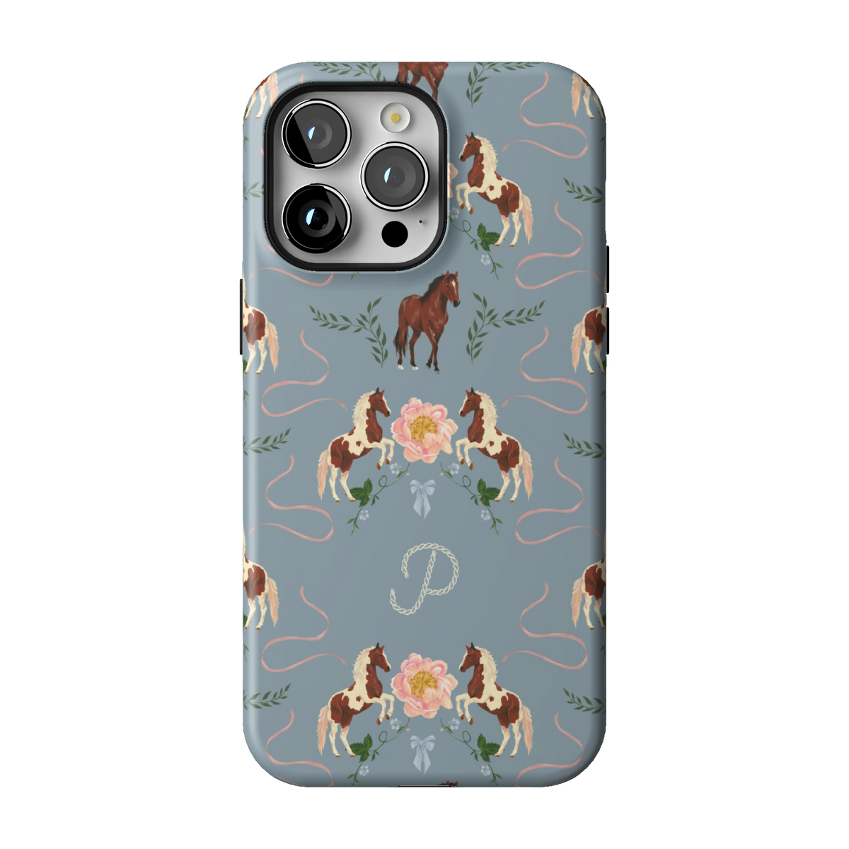Prairie Personalized case on iPhone 14 Pro Max, back view: horses and blush florals on dusty blue with the initial P