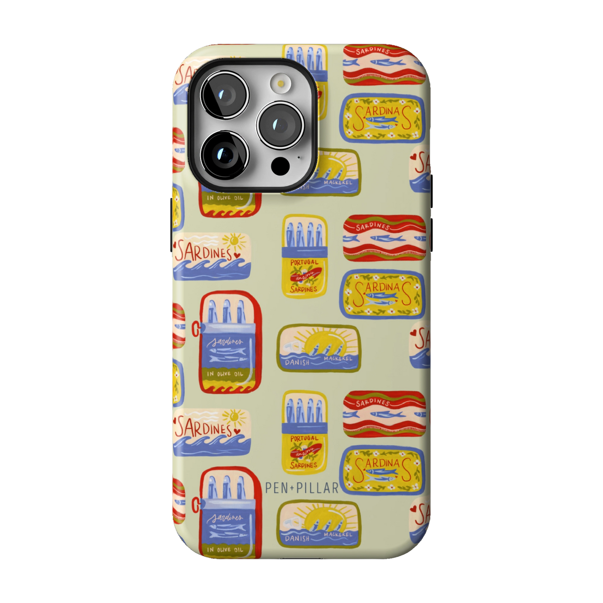 Sardines case on iPhone 14 Pro Max, back view: vintage sardine tins on pale sage