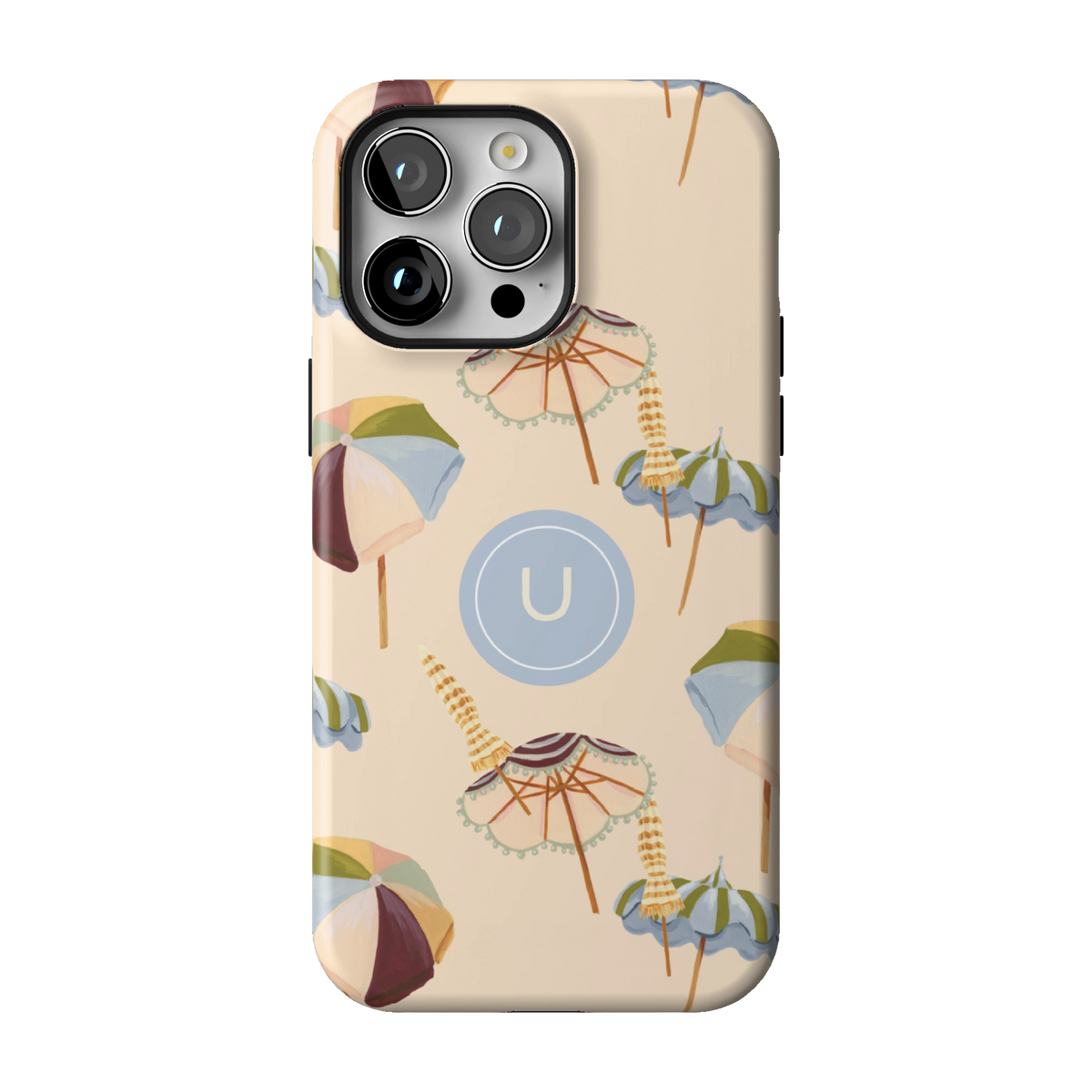 Umbrellas Personalized case on iPhone 14 Pro Max, back view: striped beach umbrellas and loungers on warm sand with the initial U