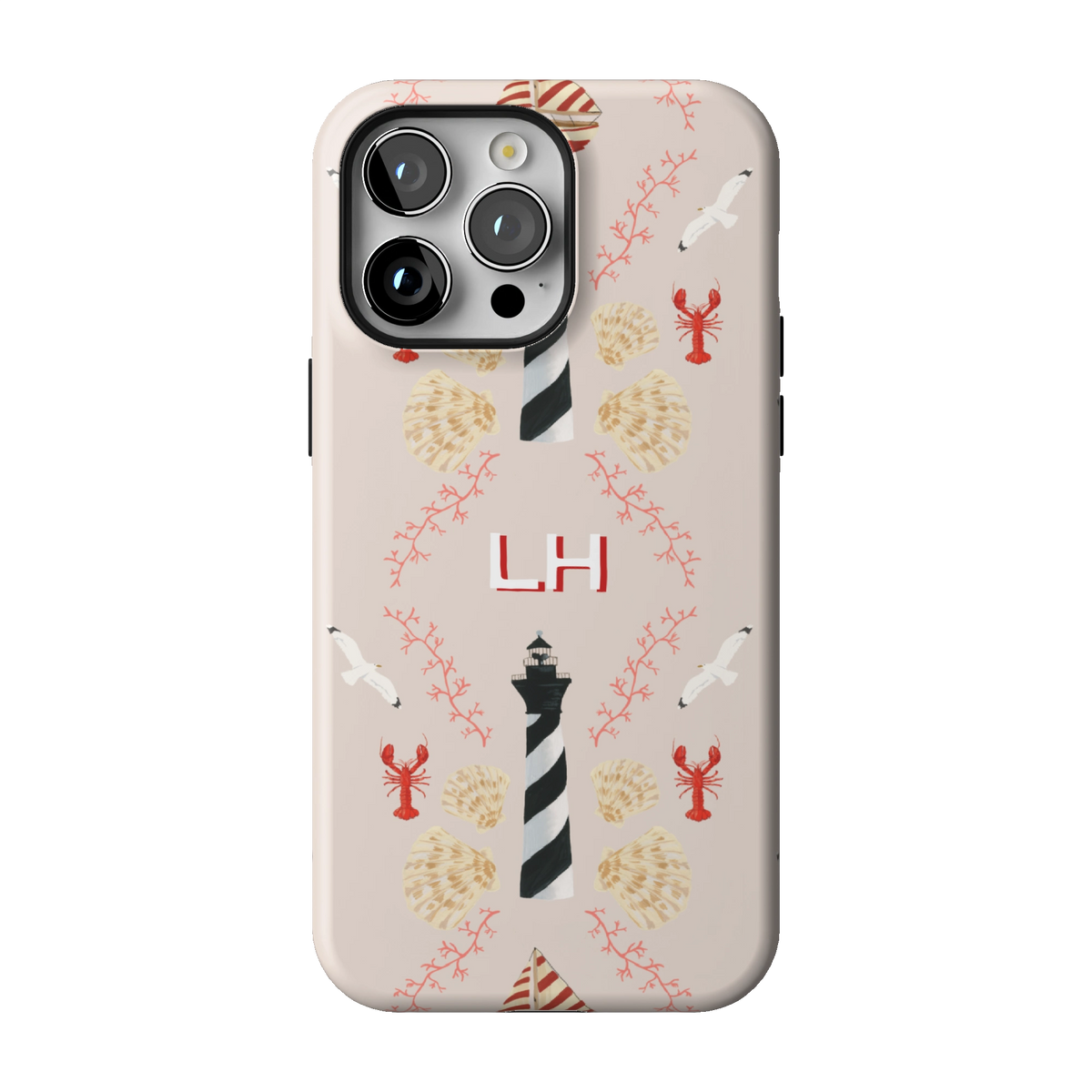 Lighthouse Personalized case on iPhone 14 Pro Max, back view: striped lighthouses, lobsters and seashells on blush with the initials LH