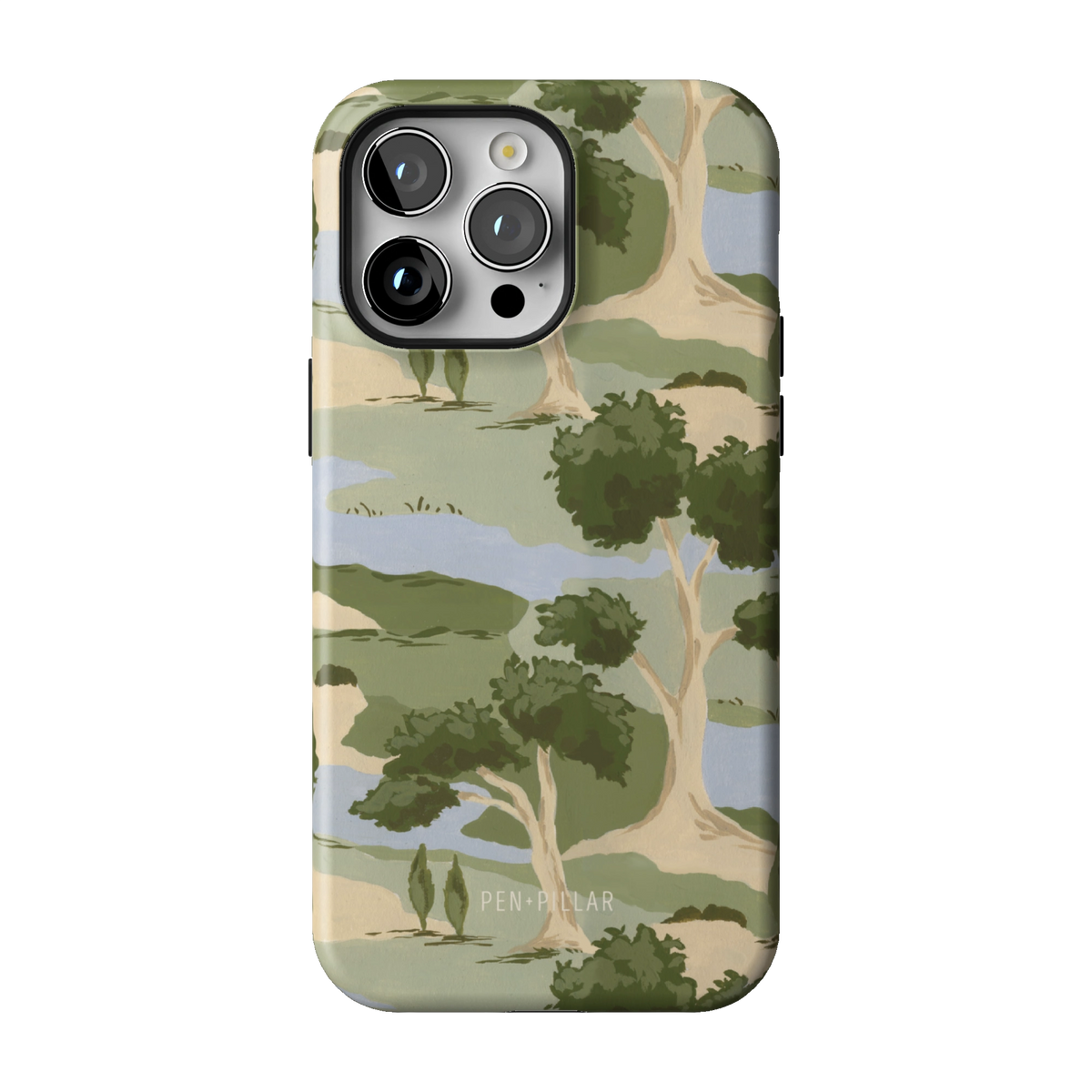 Orchard case on iPhone 14 Pro Max, back view: rolling green trees and winding blue streams on cream