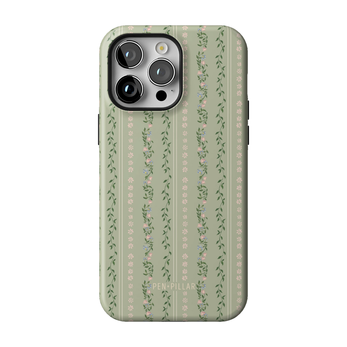 Camellia case on iPhone 14 Pro Max, back view: sage green with soft floral stripes
