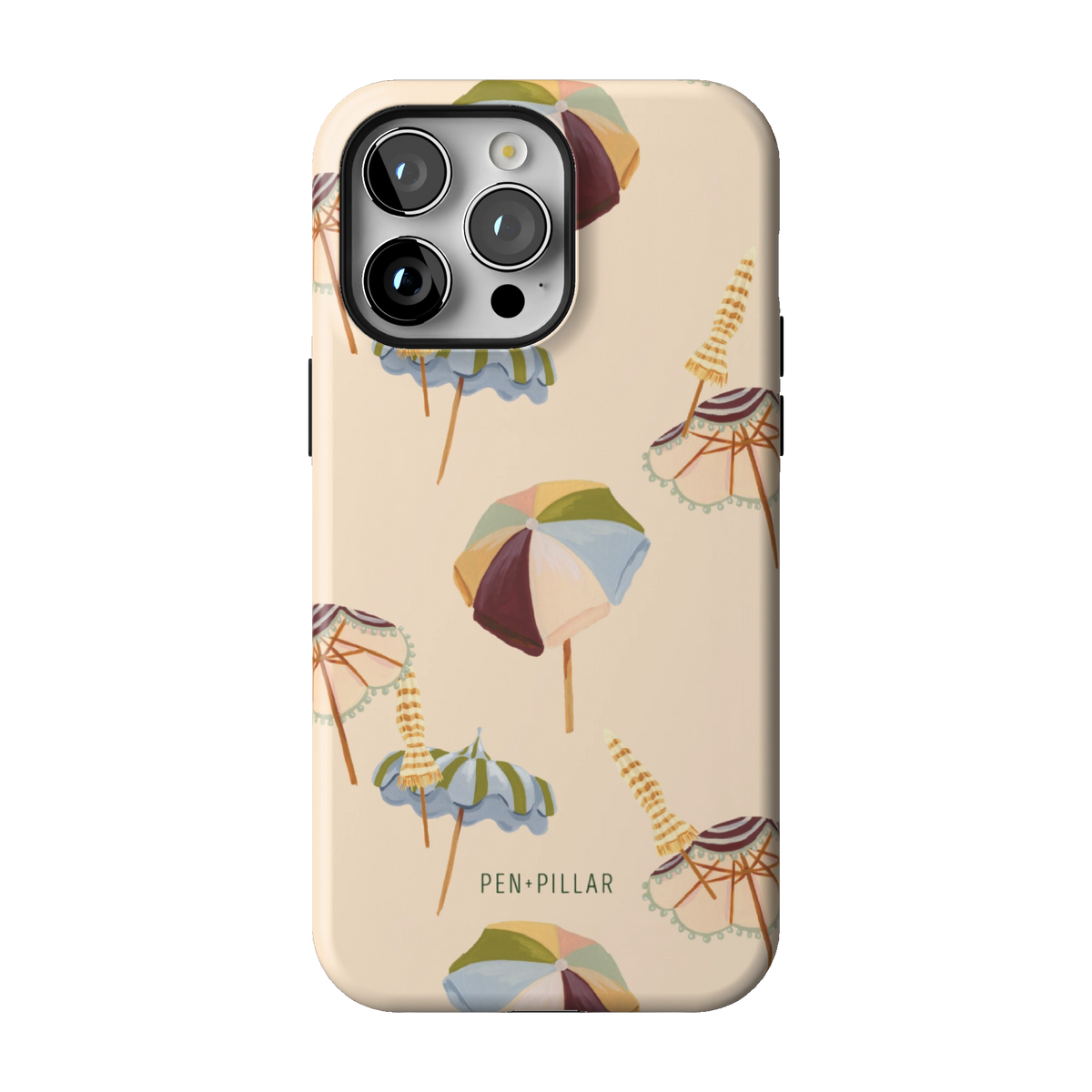 Umbrellas case on iPhone 14 Pro Max, back view: striped beach umbrellas and loungers on warm sand