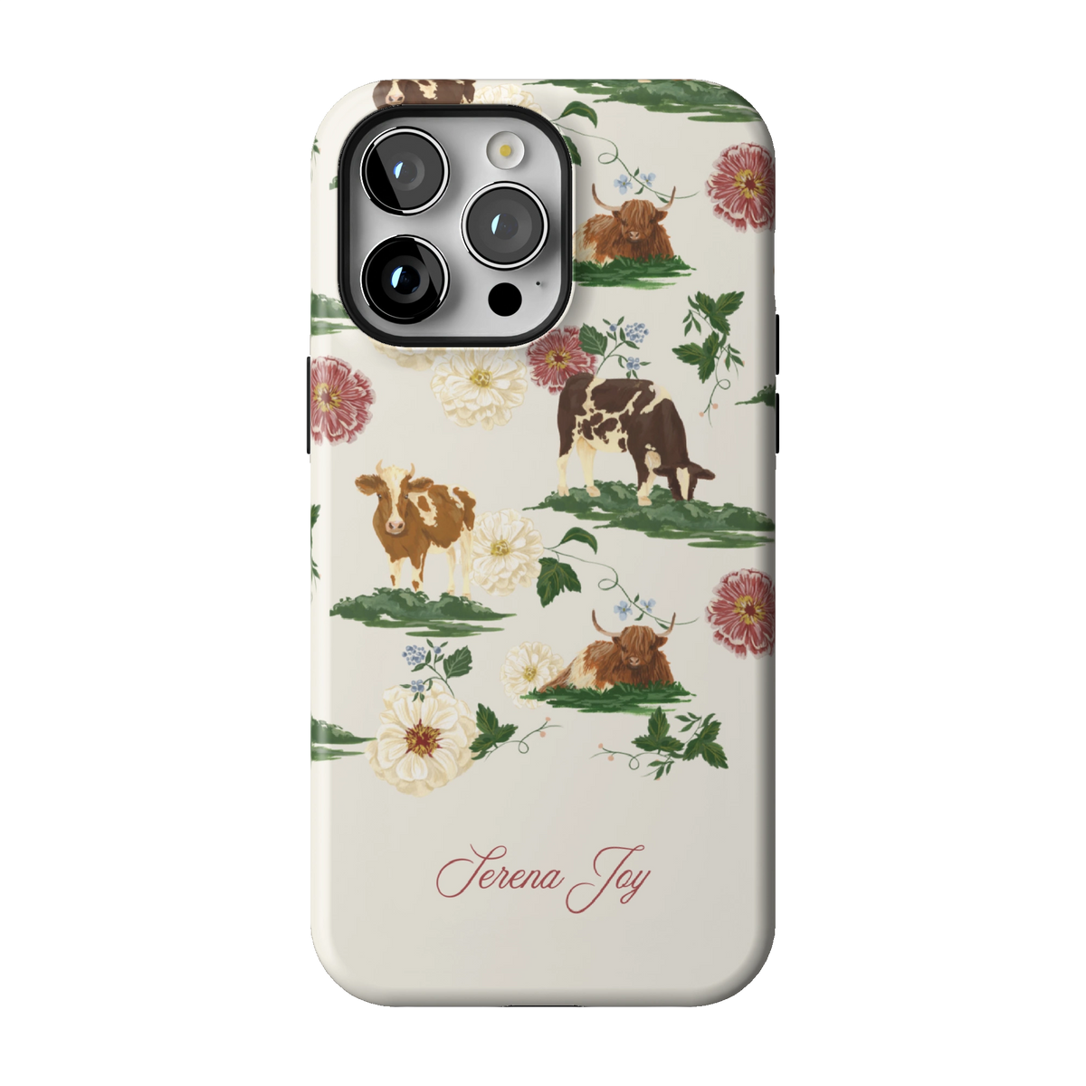 Pasture Personalized case on iPhone 14 Pro Max, back view: cows and dahlias in a countryside scene on cream with a name in script