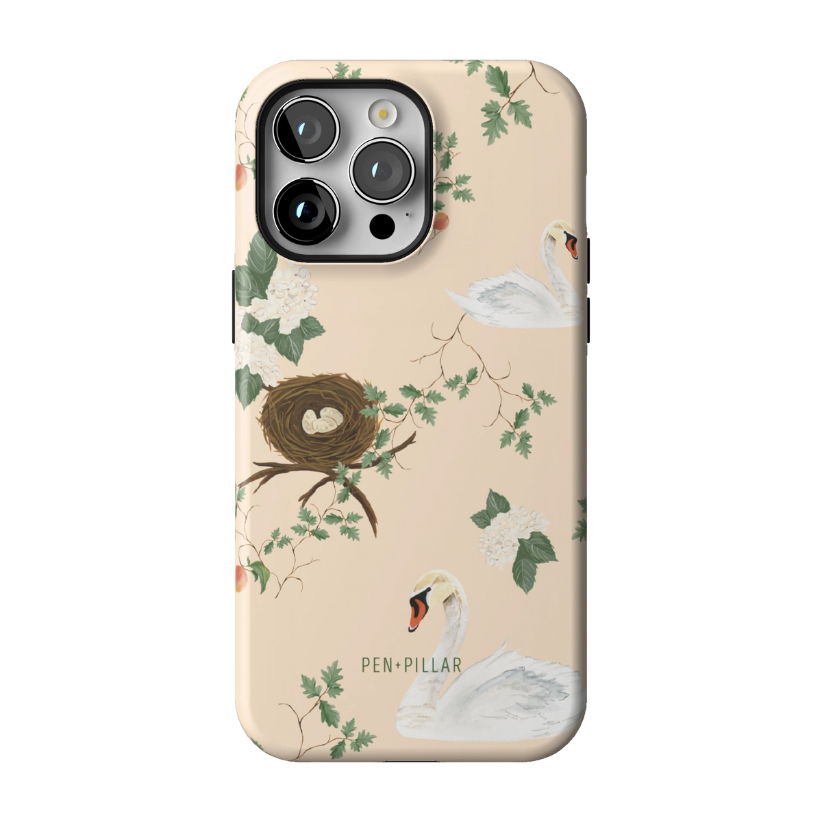 Swan Hollow case on iPhone 14 Pro Max, back view: swans, a bird's nest and trailing greenery on cream