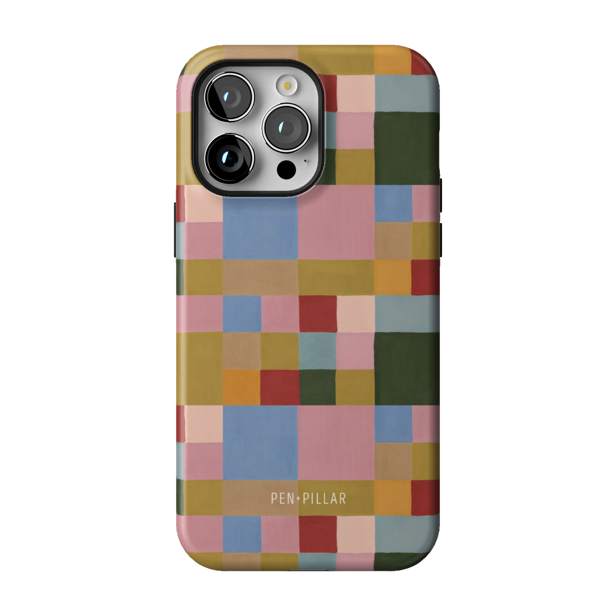 Colorblock case on iPhone 14 Pro Max, back view: painterly squares in blush, sky blue, mustard, rust and forest green