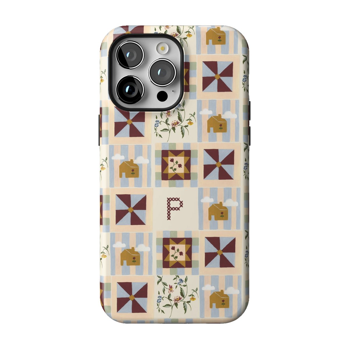 Pinwheel Personalized case on iPhone 14 Pro Max, back view: burgundy pinwheel quilt blocks on blue stripes with the initial P