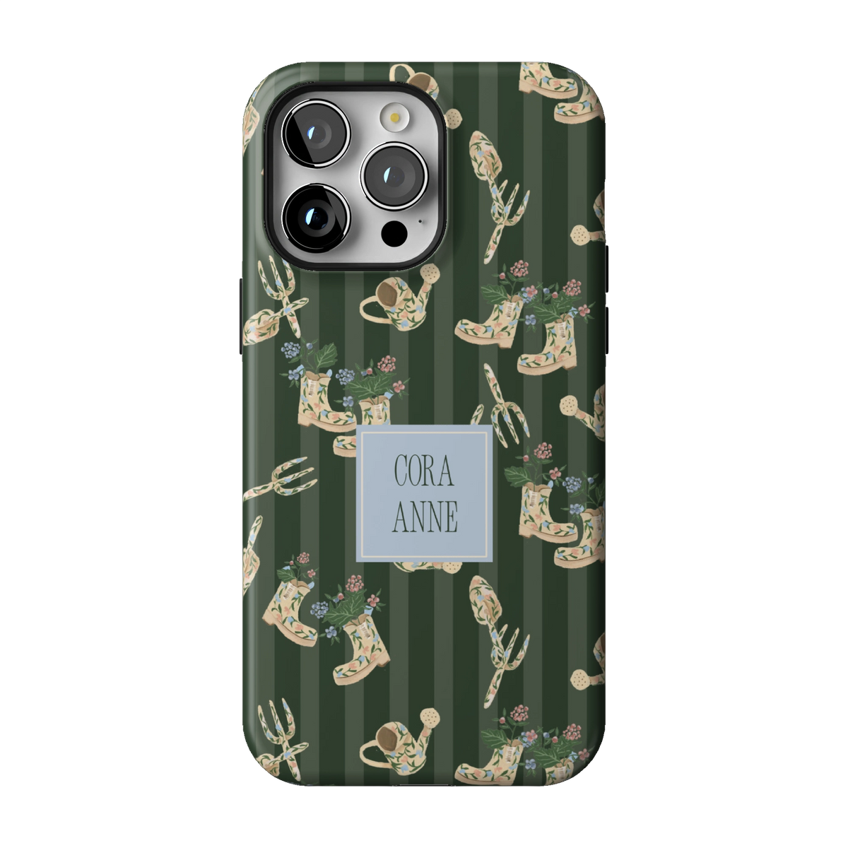 In the Garden Personalized case on iPhone 14 Pro Max, back view: garden boots, tools and florals on forest green stripes with the name Cora Anne