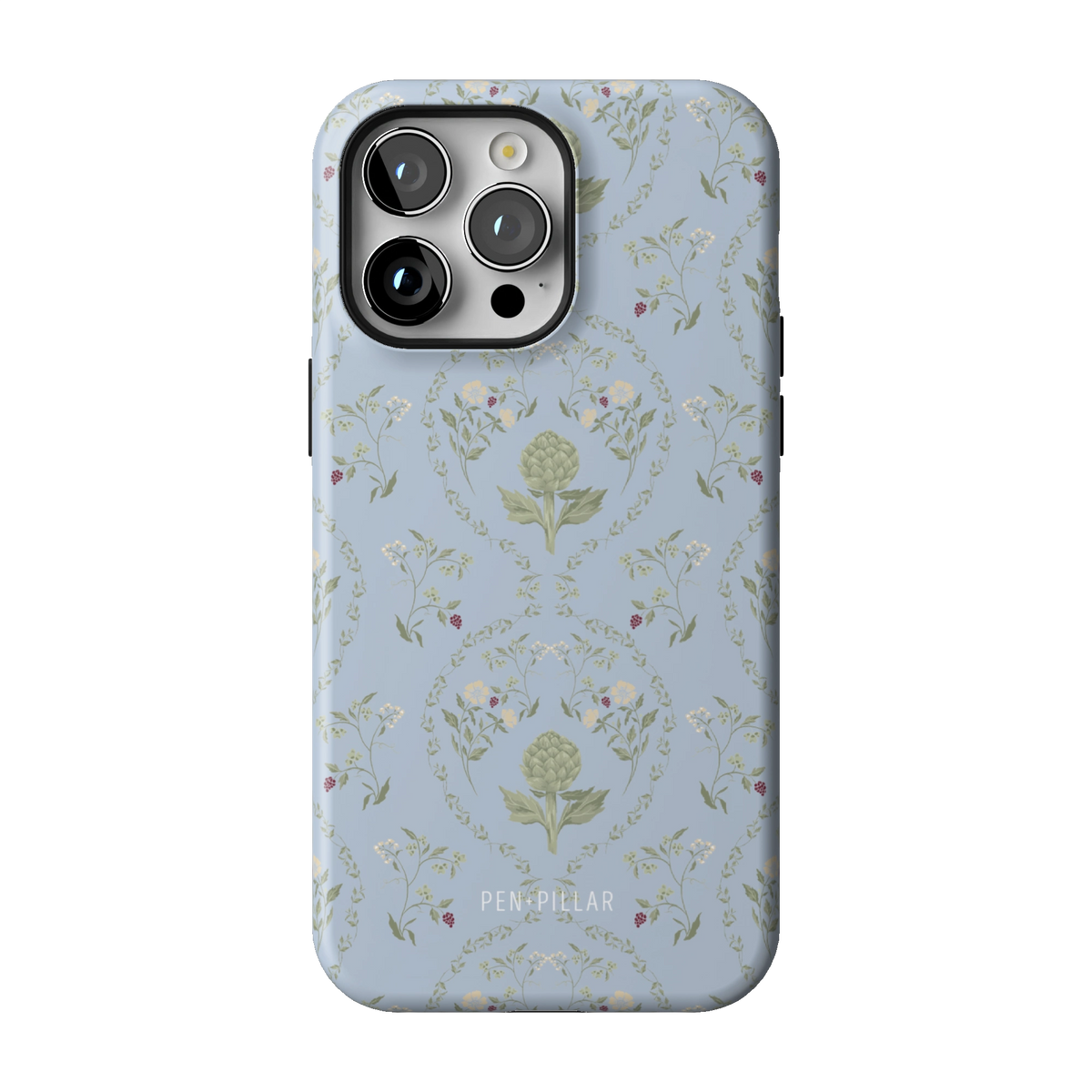 Artichoke case on iPhone 14 Pro Max, back view: soft green artichokes in a vintage trellis on dusty blue