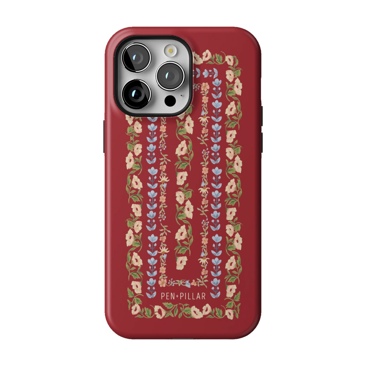 Fiona case on iPhone 14 Pro Max, back view: ornate floral stripes in cream, blush and blue on rich red