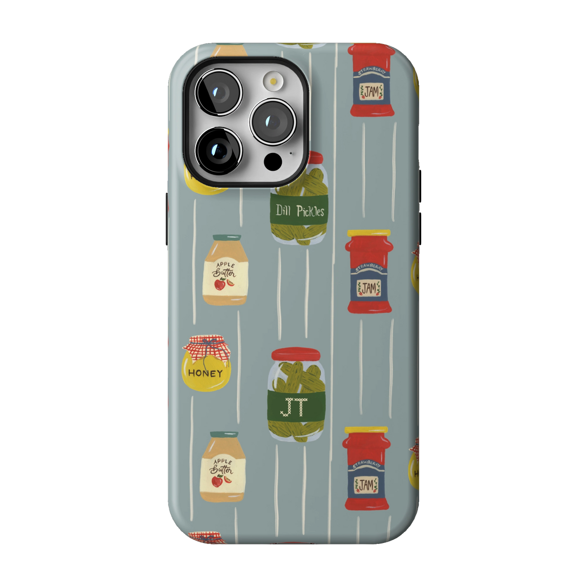 Preserves Personalized case on iPhone 14 Pro Max, back view: jars of honey, pickles and jam on slate blue stripes with the initials JT