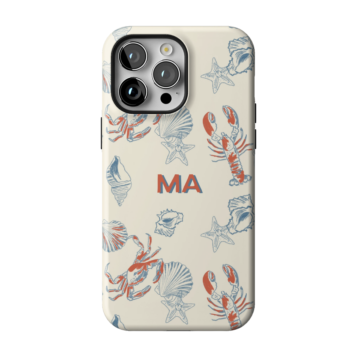 Mariner Personalized case on iPhone 14 Pro Max, back view: red lobsters, blue crabs and seashells on cream with the initials MA