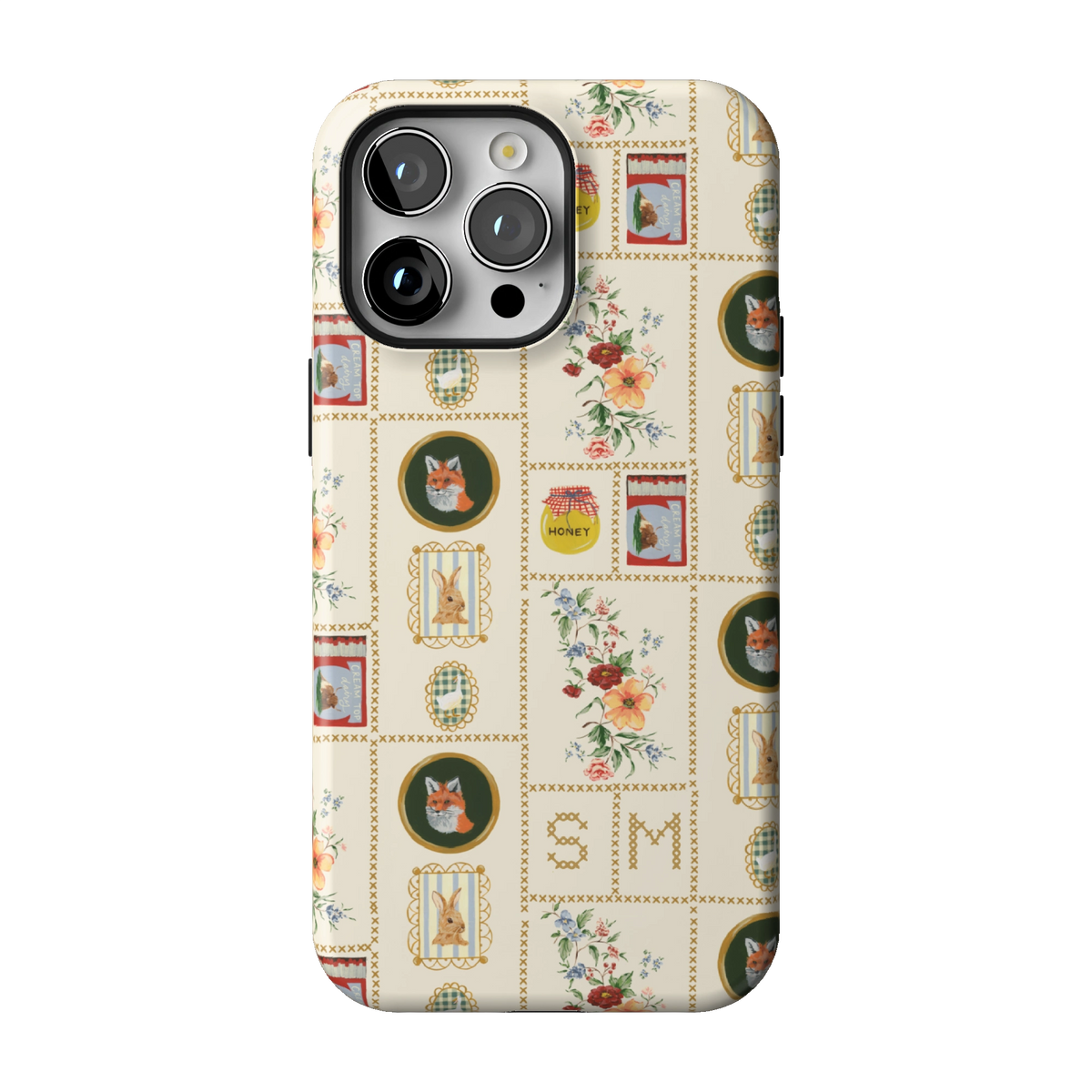 Sampler Personalized case on iPhone 14 Pro Max, back view: cross-stitch style squares of jars, animals and florals on cream with the initials SM