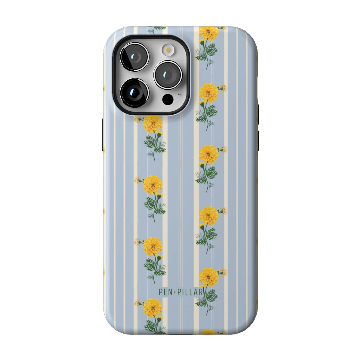 October Birth Month case on iPhone 14 Pro Max, back view: yellow marigolds on blue and cream stripes
