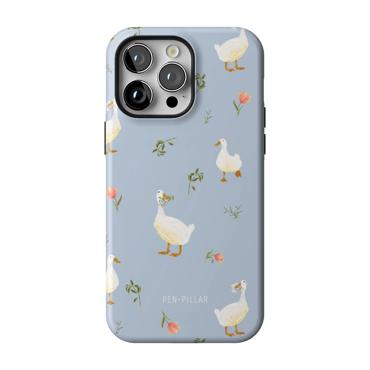Ducks case on iPhone 14 Pro Max, back view: white ducks and small flower sprigs on soft blue