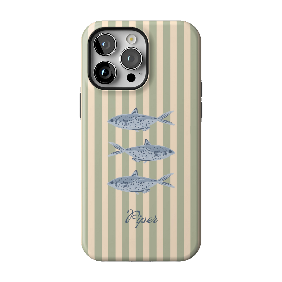 Sea Stripes Personalized case on iPhone 14 Pro Max, back view: blue fish on sage and cream stripes with the name Piper