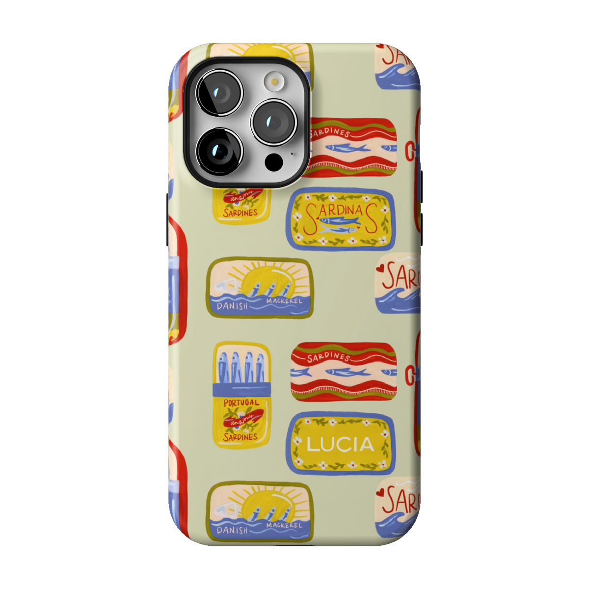 Sardines Personalized case on iPhone 14 Pro Max, back view: vintage sardine tins on pale sage with the name Lucia