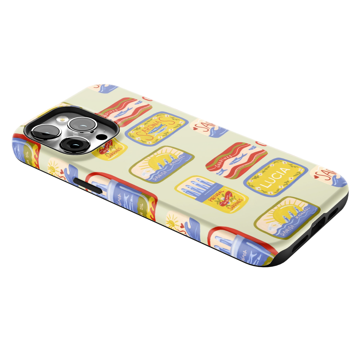 Sardines Personalized iPhone 14 Pro Max case lying at an angle, showing the side buttons and print wrapping the edges