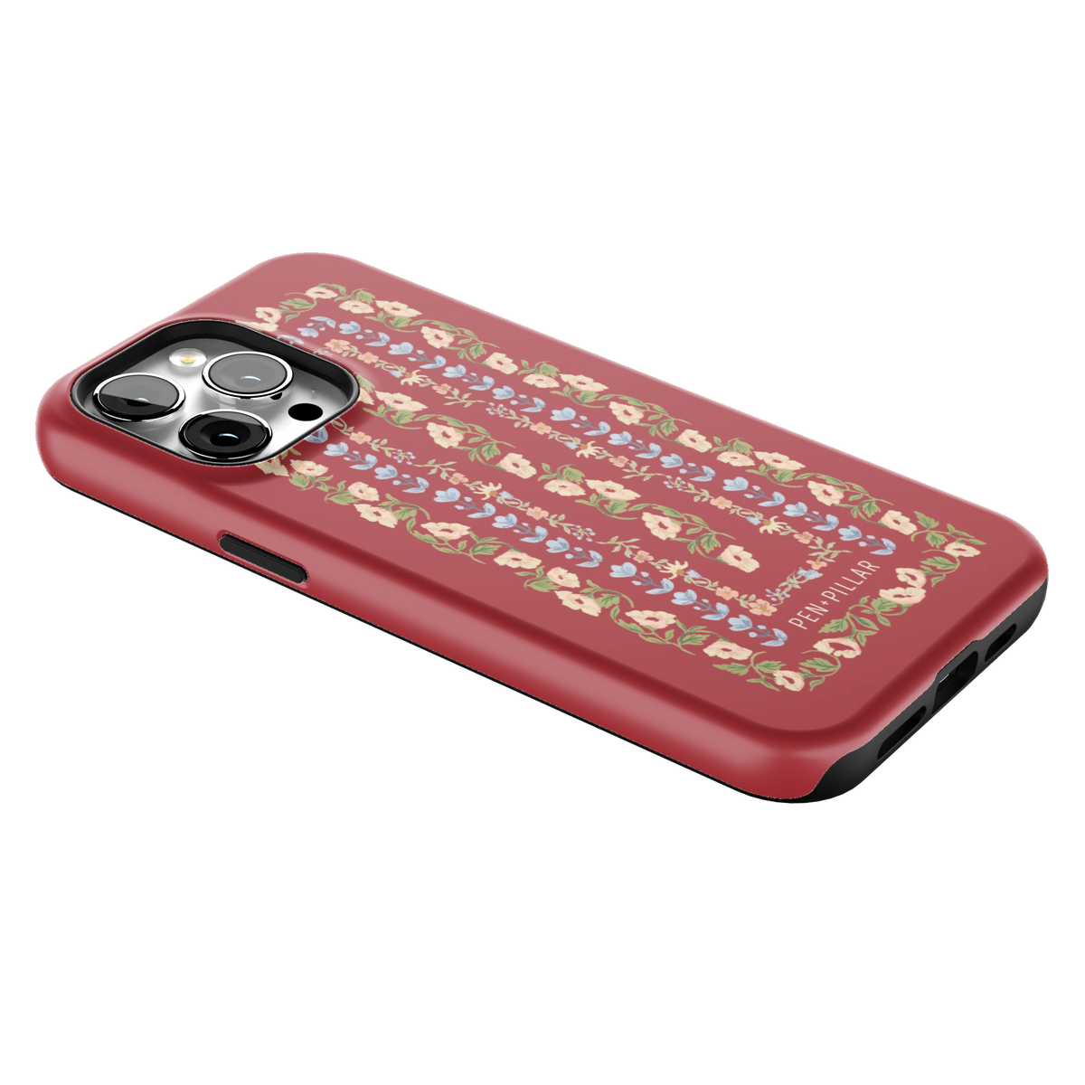 Fiona iPhone 14 Pro Max case lying at an angle, showing the side buttons and print wrapping the edges