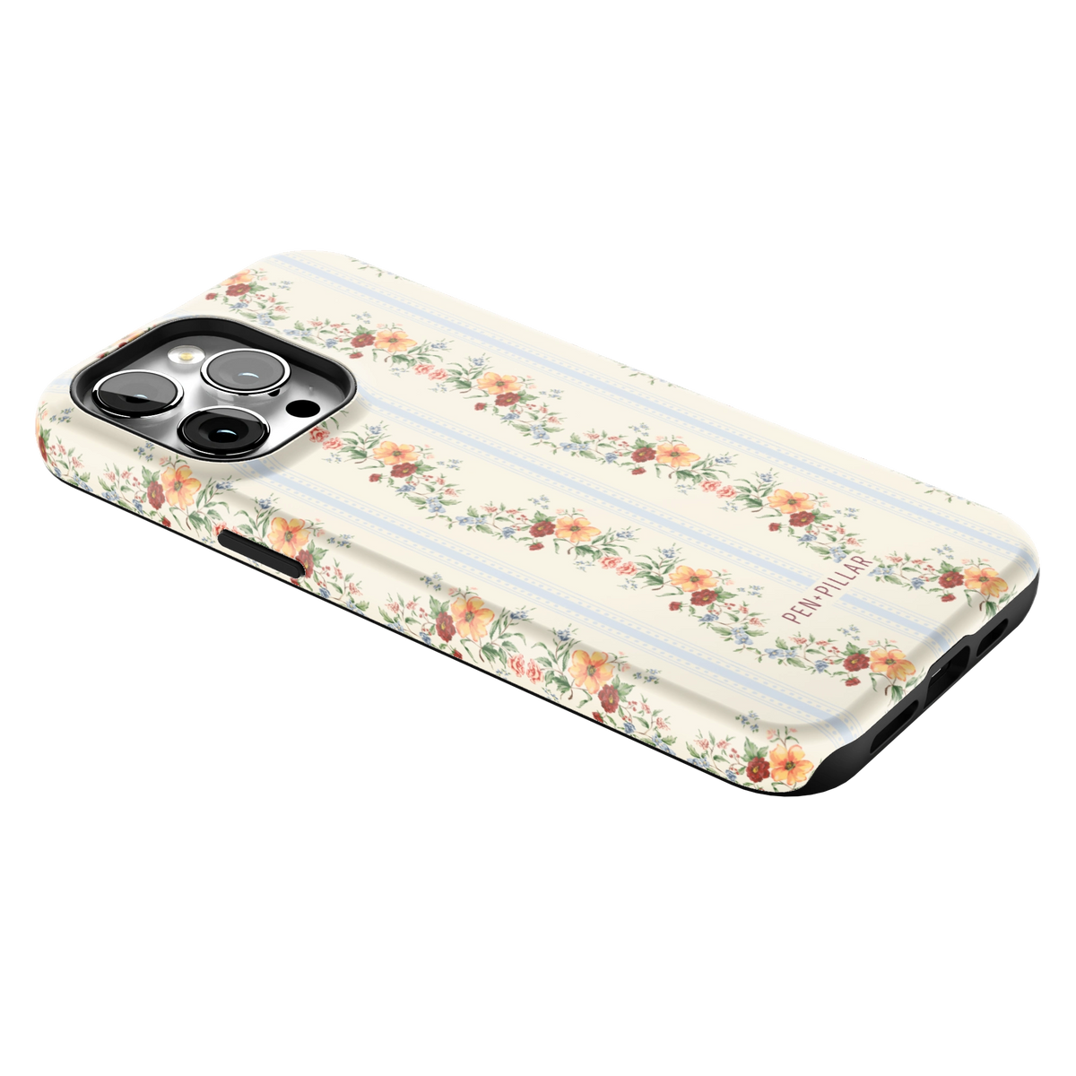 Wallflower iPhone 14 Pro Max case lying at an angle, showing the side buttons and print wrapping the edges
