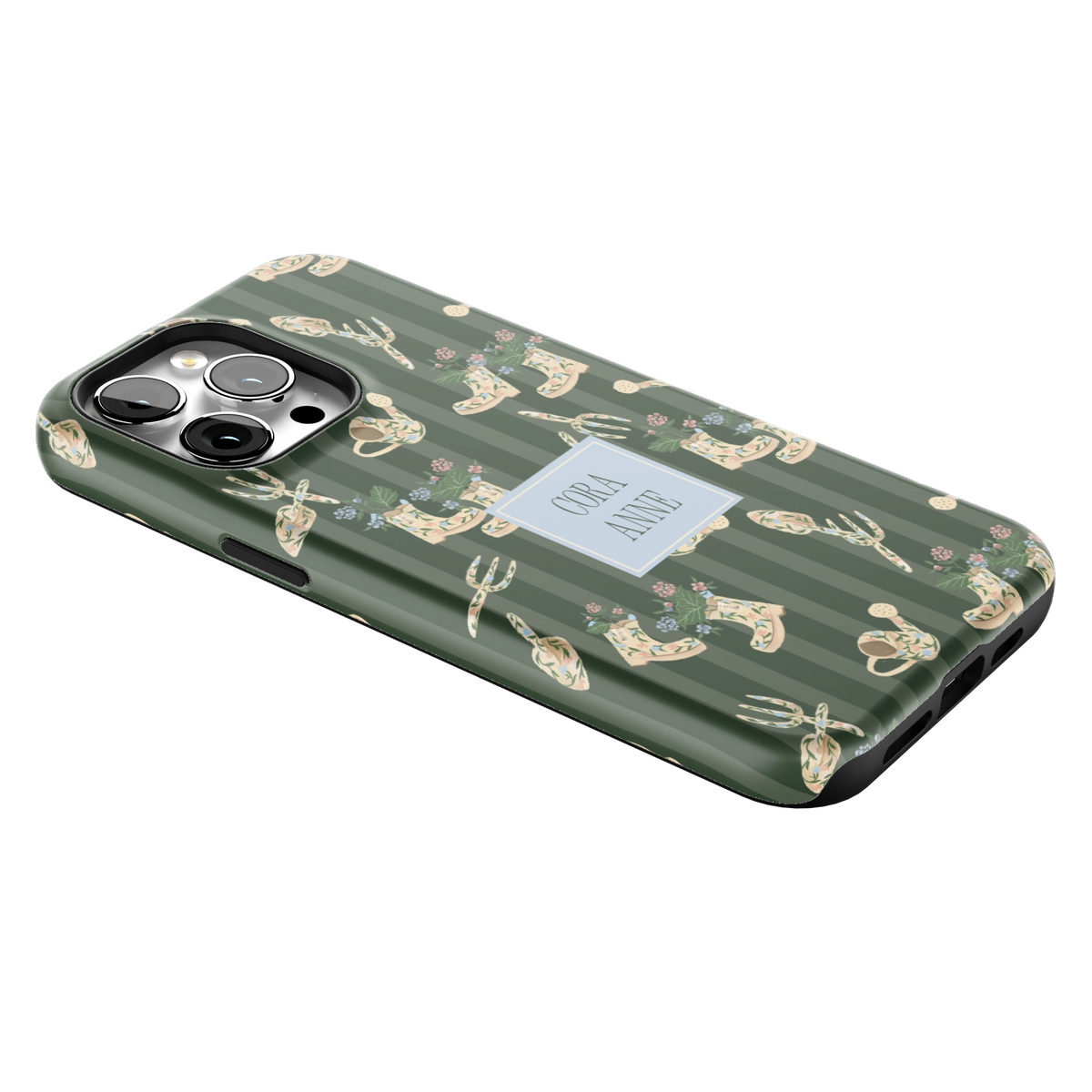 In the Garden Personalized iPhone 14 Pro Max case lying at an angle, showing the side buttons and print wrapping the edges