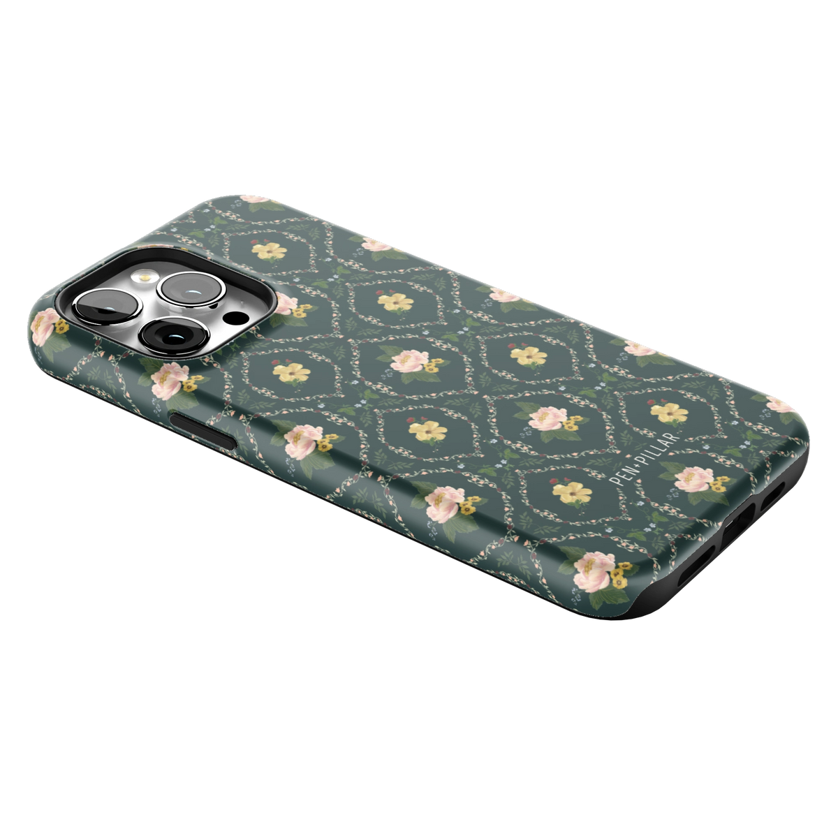 Meadow iPhone 14 Pro Max case lying at an angle, showing the side buttons and print wrapping the edges
