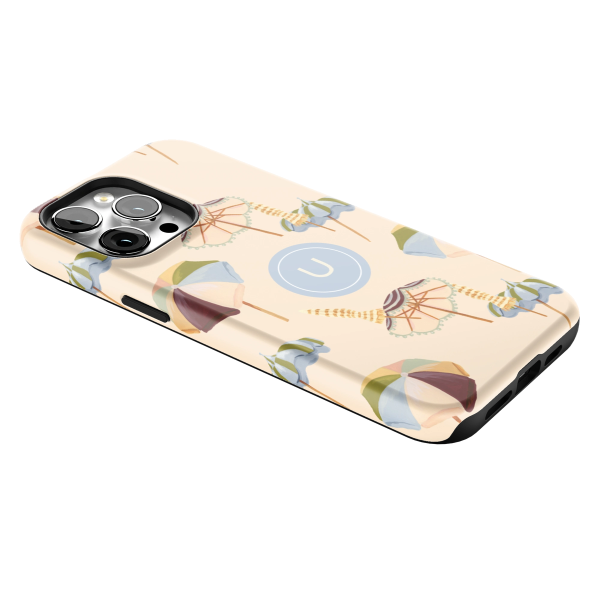 Umbrellas Personalized iPhone 14 Pro Max case lying at an angle, showing the side buttons and print wrapping the edges