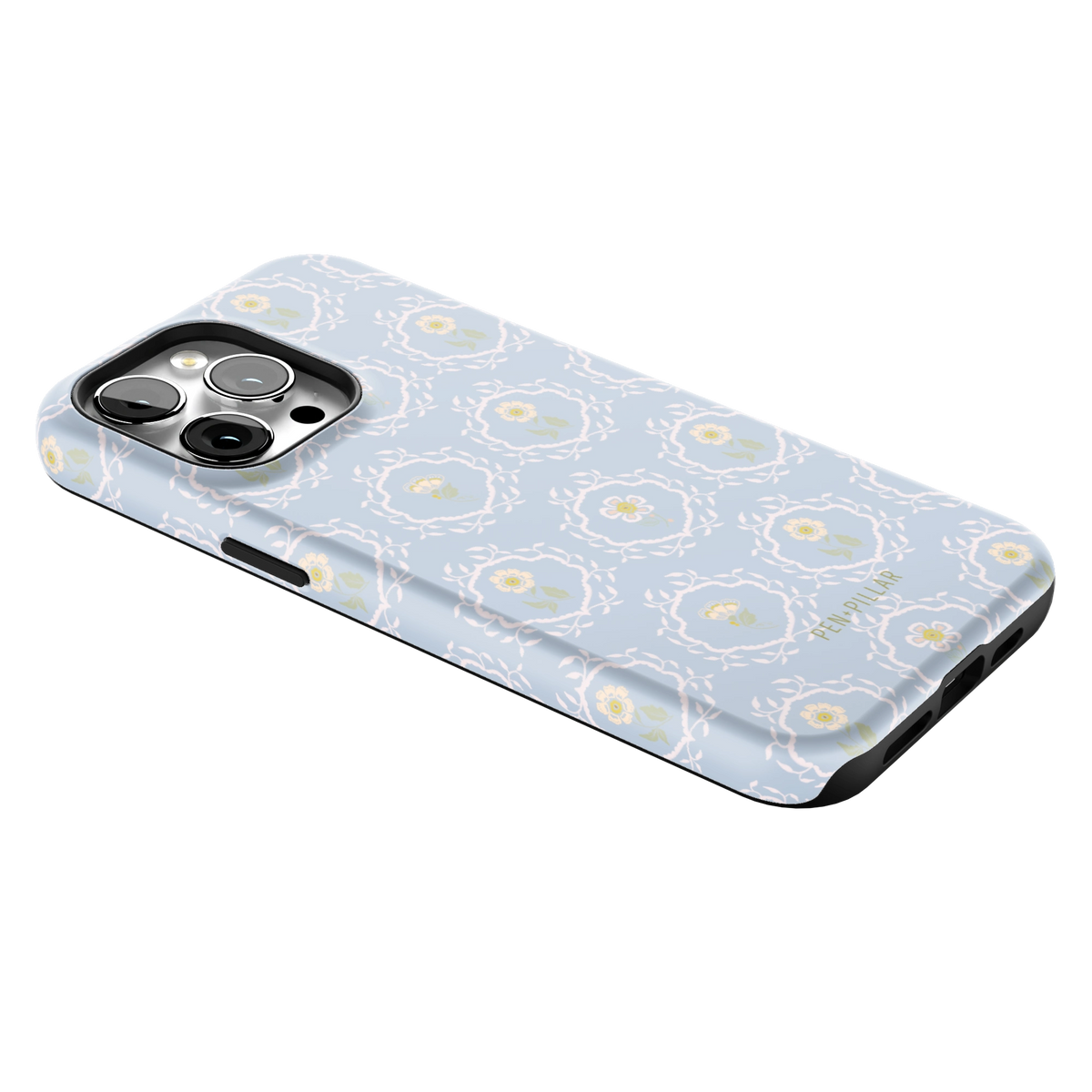 Merrigold iPhone 14 Pro Max case lying at an angle, showing the side buttons and print wrapping the edges