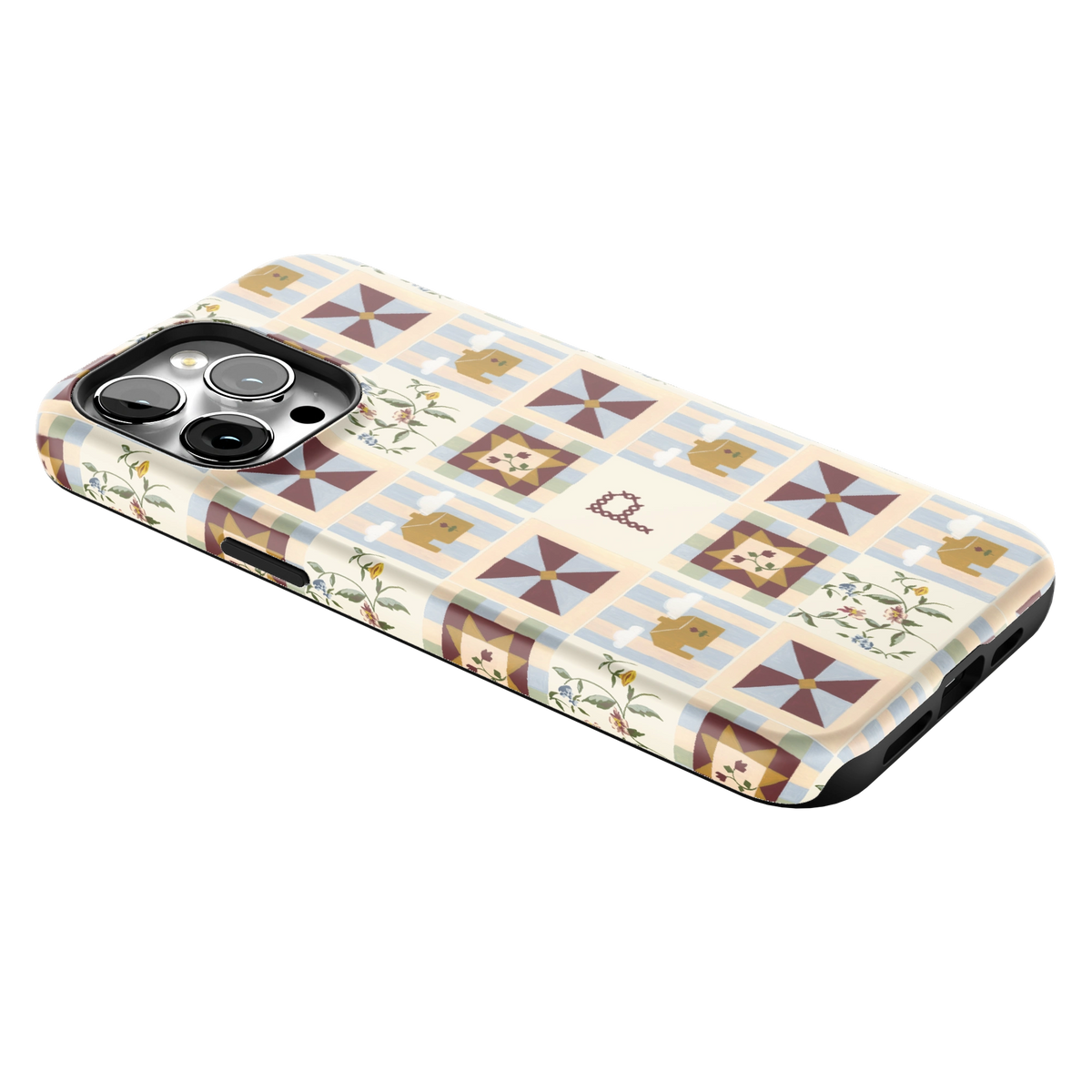 Pinwheel Personalized iPhone 14 Pro Max case lying at an angle, showing the side buttons and print wrapping the edges
