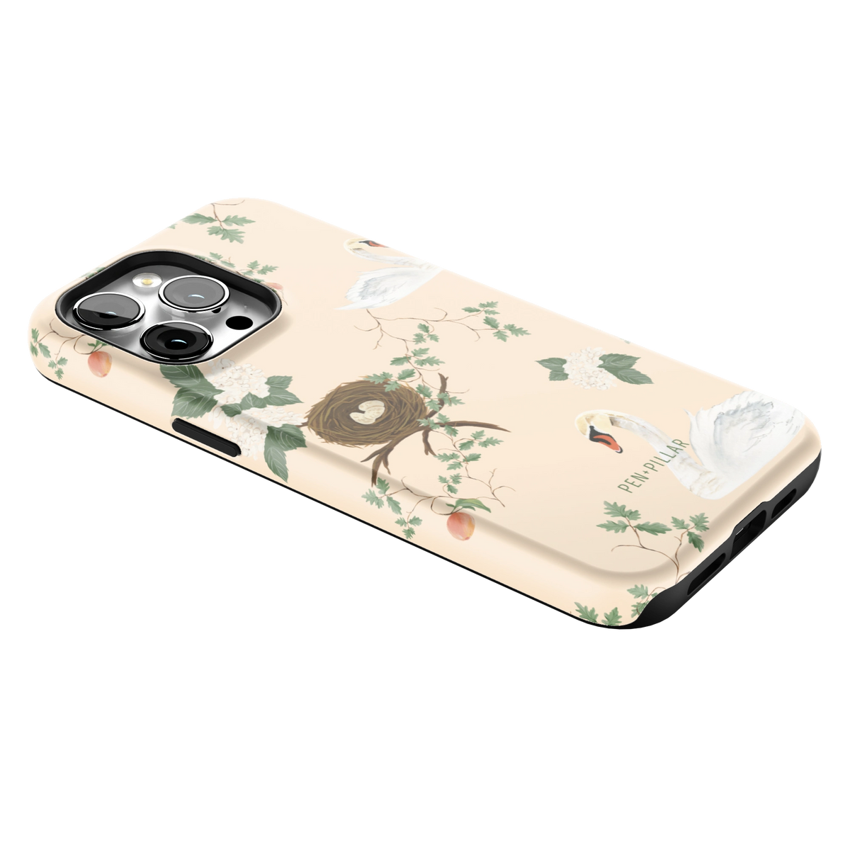 Swan Hollow iPhone 14 Pro Max case lying at an angle, showing the side buttons and print wrapping the edges