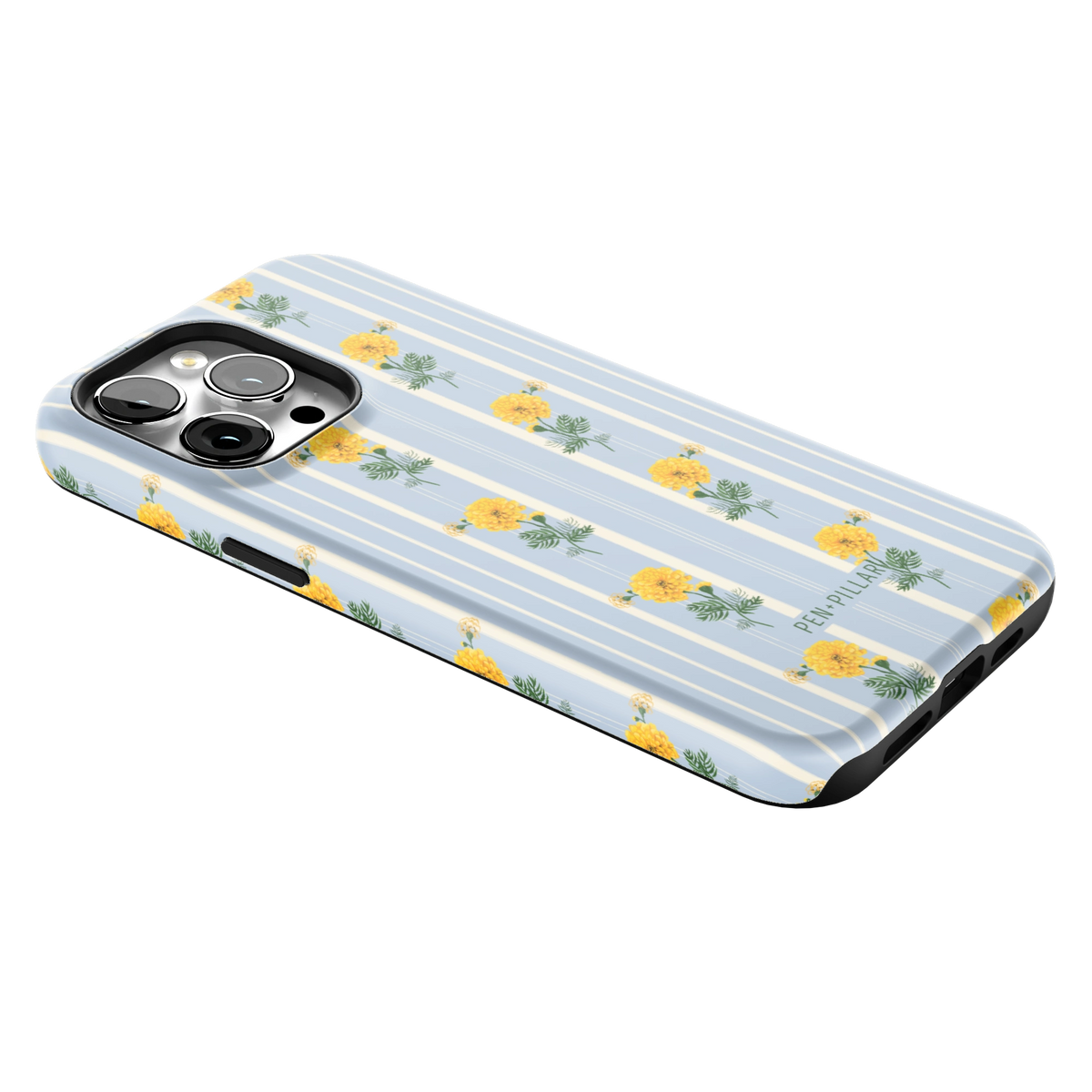 October Birth Month iPhone 14 Pro Max case lying at an angle, showing the side buttons and print wrapping the edges