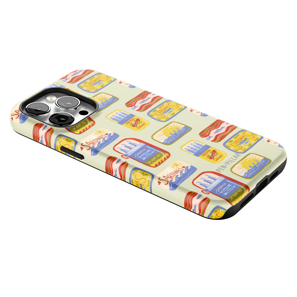 Sardines iPhone 14 Pro Max case lying at an angle, showing the side buttons and print wrapping the edges