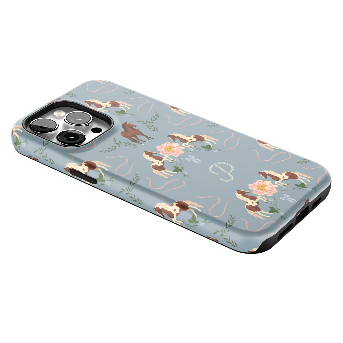 Prairie Personalized iPhone 14 Pro Max case lying at an angle, showing the side buttons and print wrapping the edges