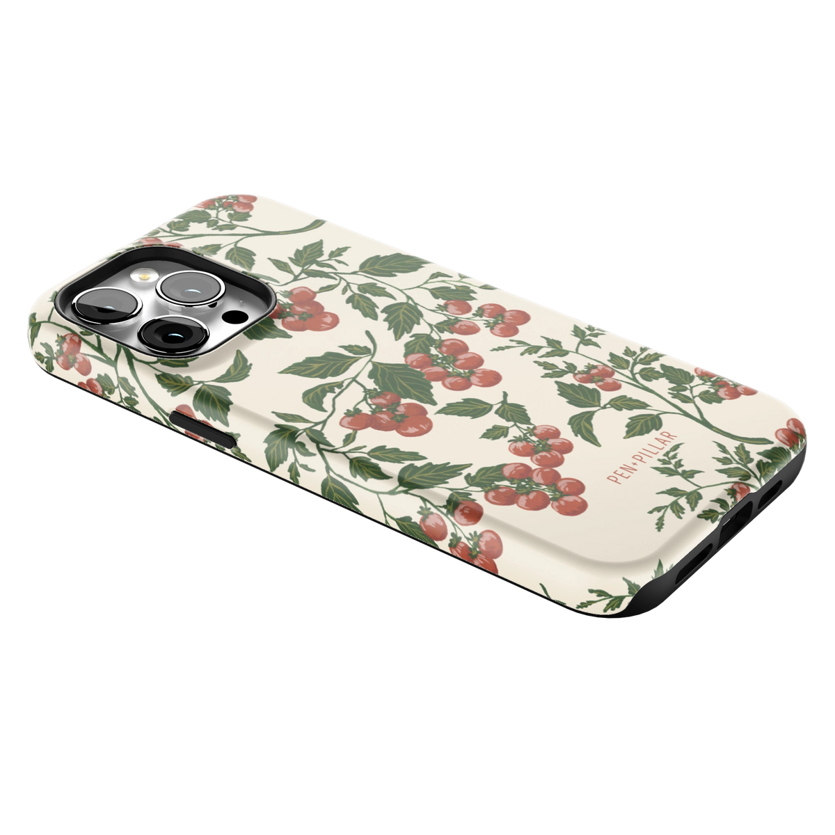 Tomato Vines iPhone 14 Pro Max case lying at an angle, showing the side buttons and print wrapping the edges