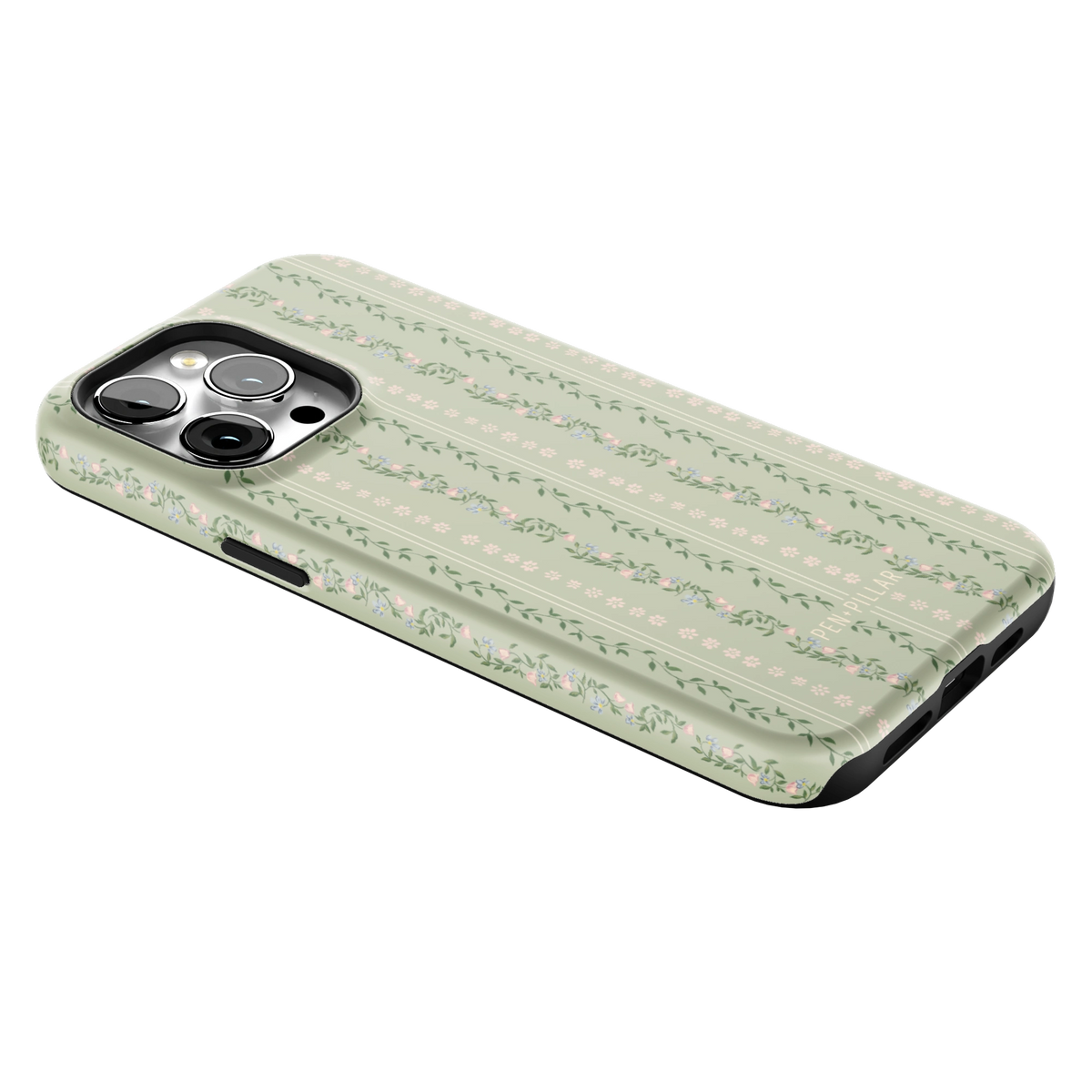 Camellia iPhone 14 Pro Max case lying at an angle, showing the side buttons and print wrapping the edges