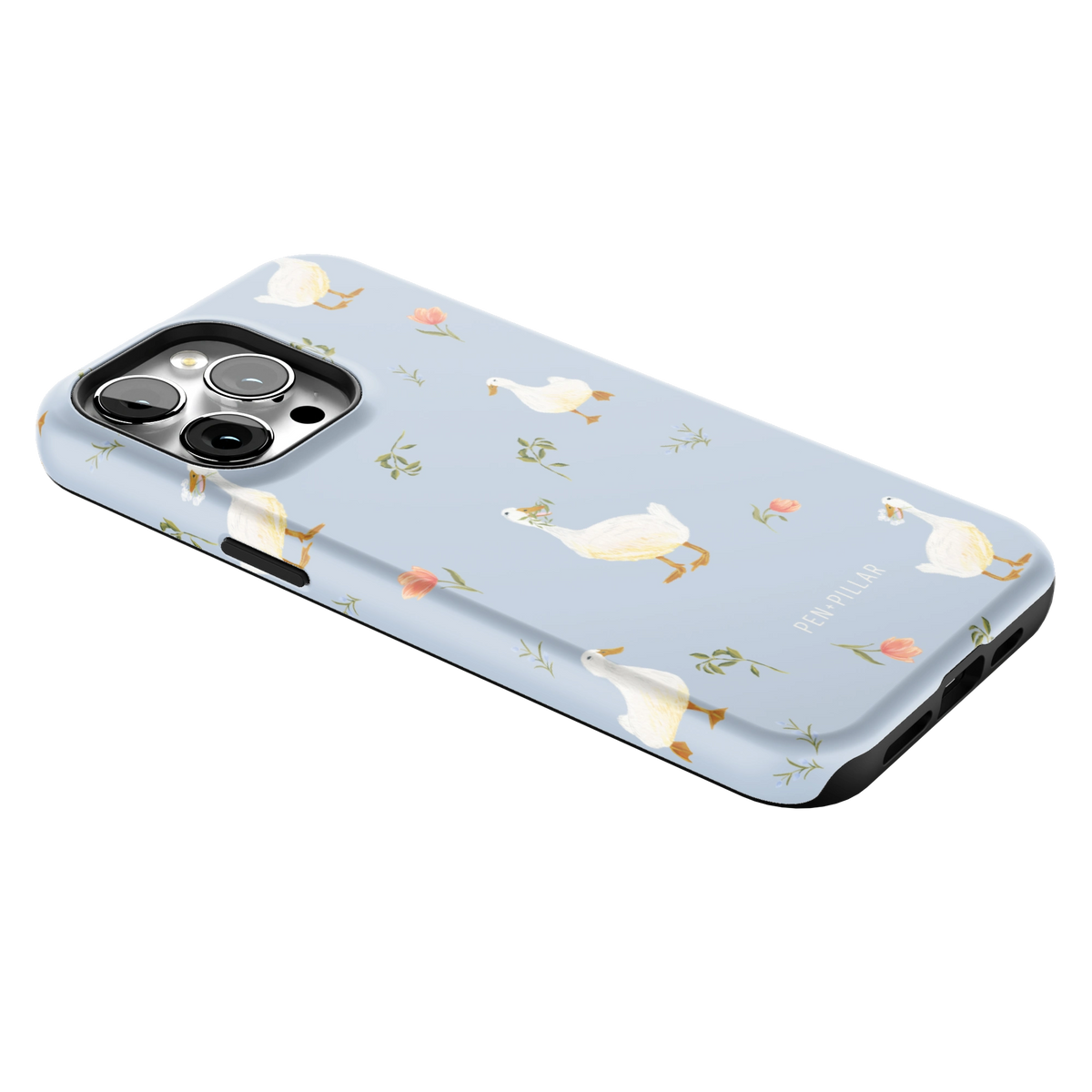 Ducks iPhone 14 Pro Max case lying at an angle, showing the side buttons and print wrapping the edges