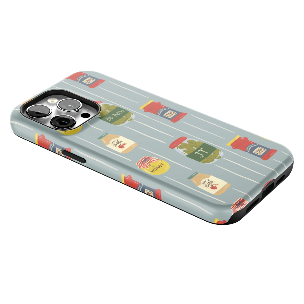 Preserves Personalized iPhone 14 Pro Max case lying at an angle, showing the side buttons and print wrapping the edges