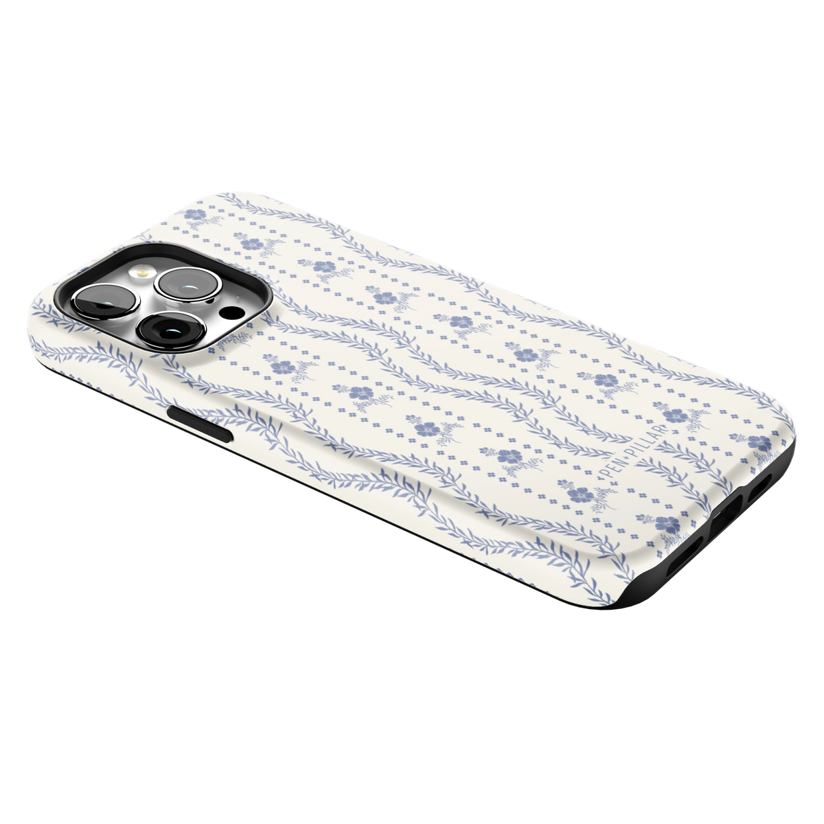 Riviera iPhone 14 Pro Max case lying at an angle, showing the side buttons and print wrapping the edges