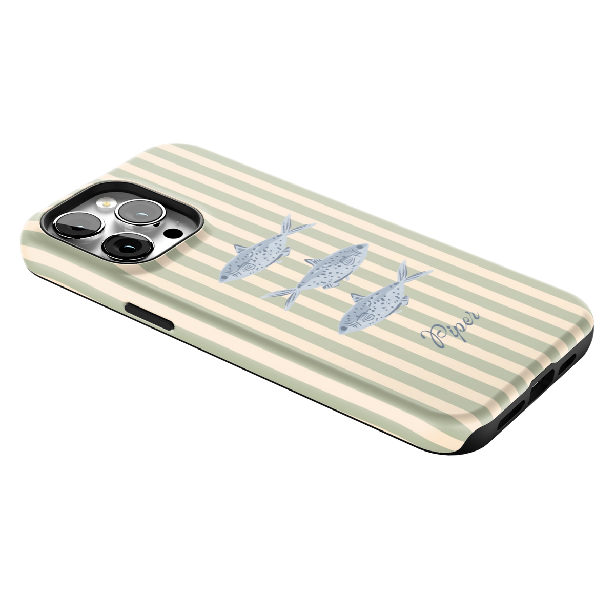 Sea Stripes Personalized iPhone 14 Pro Max case lying at an angle, showing the side buttons and print wrapping the edges