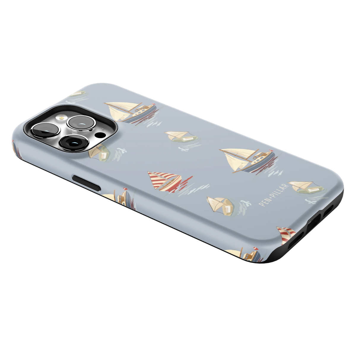 Harbor iPhone 14 Pro Max case lying at an angle, showing the side buttons and print wrapping the edges