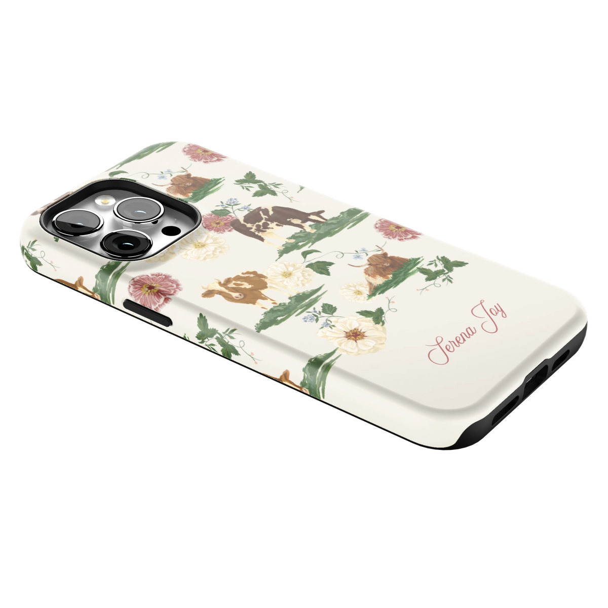 Pasture Personalized iPhone 14 Pro Max case lying at an angle, showing the side buttons and print wrapping the edges
