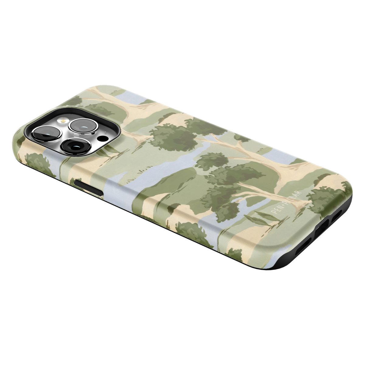 Orchard iPhone 14 Pro Max case lying at an angle, showing the side buttons and print wrapping the edges