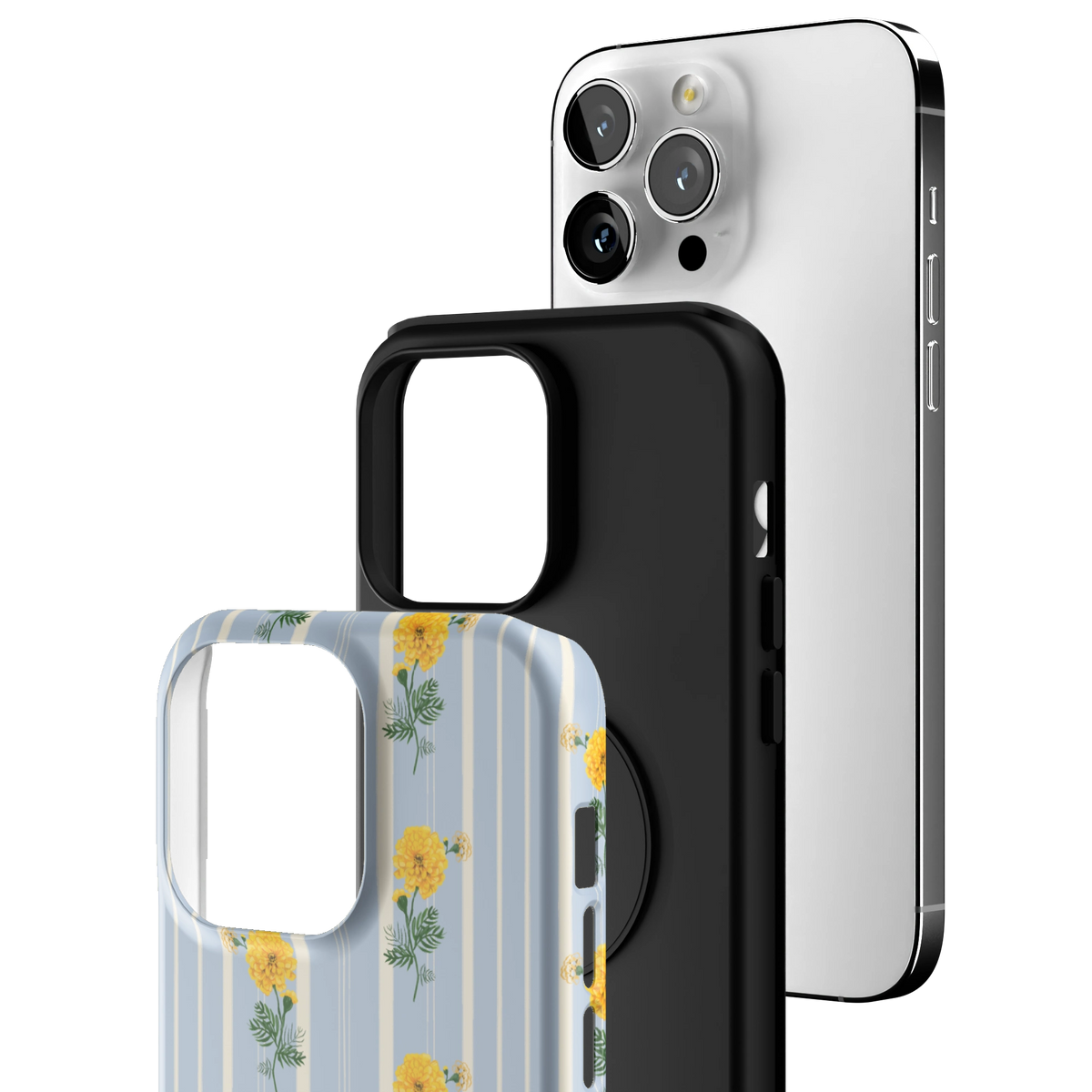 Exploded view of the October Birth Month iPhone 14 Pro Max case: printed shell, black inner layer with MagSafe ring, and phone