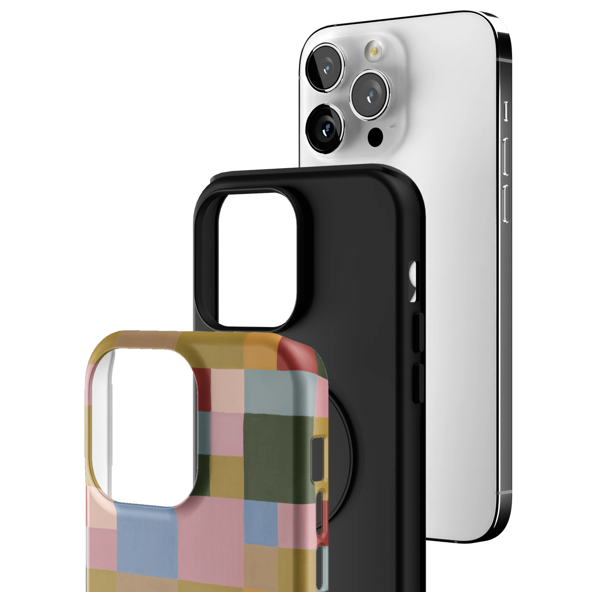 Exploded view of the Colorblock iPhone 14 Pro Max case: printed shell, black inner layer with MagSafe ring, and phone