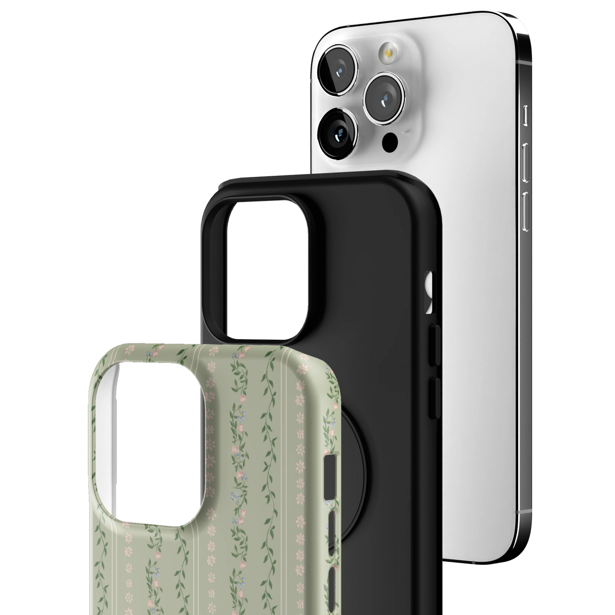 Exploded view of the Camellia iPhone 14 Pro Max case: printed shell, black inner layer with MagSafe ring, and phone