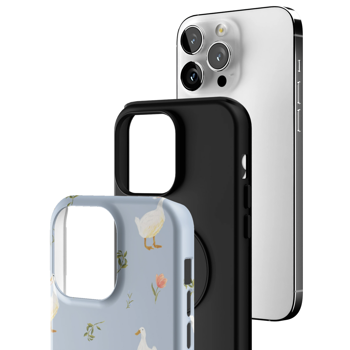 Exploded view of the Ducks iPhone 14 Pro Max case: printed shell, black inner layer with MagSafe ring, and phone